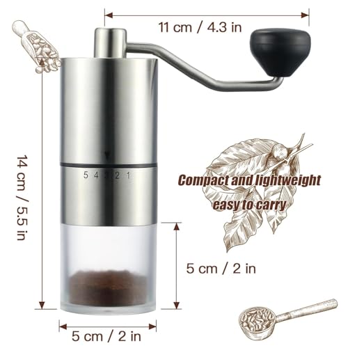 Image of Manual Coffee Grinder with 5 Grind Adjustable Settings, Portable Ceramic Burr Coffee Beans Grinder for Drip, French Press & Espresso, Stainless Steel Spice & Herb Crusher- 20g Capacity (X041)