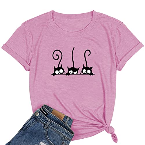 NIUBIA Women's Three Cats Printed Shirts New Novelty T-Shirts Cute Teen Girls Casual Tops
