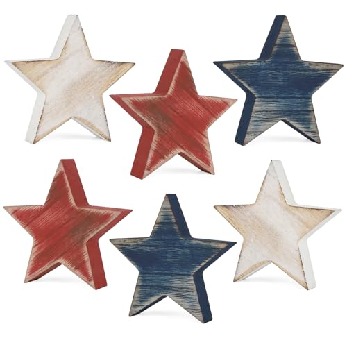 COCHIE 4th of July Decorations Wooden Star Set of 6 Labor Day Decor Patriotic Memorial Day Tiered Tray Decor Red White and Blue Veterans Day Decorations for Home Office Table Shelf (Retro Solid)