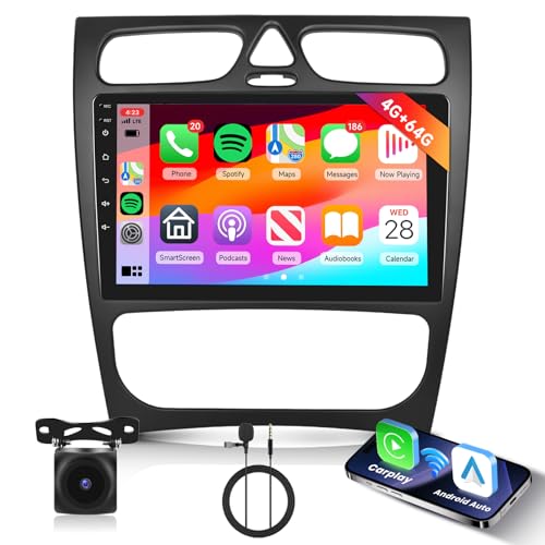 [4G+64G] Android Car Stereo for Mercedes Benz C Class W203 C200 C320 CLK W209 2000-2005 with Wireless Carplay Android Auto, Hodozzy 9 inch Touch Screen with Mirror Link, Bluetooth, WiFi, DSP, FM/RDS