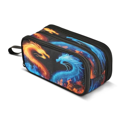 Image of Blue Dragon Fire Dragon Pencil Case 3 Compartment Pen Bag Pouch Holder Box School Portable Stationery Storage Bag for Girls Boys