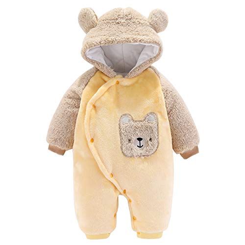 Homeriy Newborn Baby Cartoon Bear Snowsuit Warm Fleece Hooded Romper Jumpsuit, Bodysuit Outfits for 0-12 Months Babies Yellow