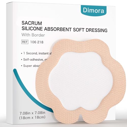 Dimora Sacrum Silicone Absorbent Wound Dressing with Border -7 x 7 Sacral Dressing for Bed Sores Pressure Sore Large Bandage with Gentle Adhesive for Moderate to Heavy Exudate (10 Count)
