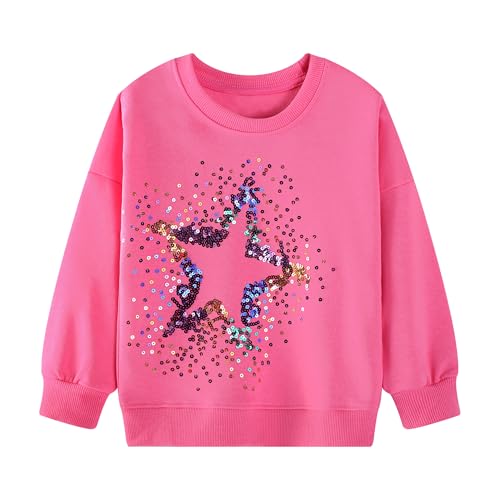 Baogaier Sudadera Niña Pullover Algodon Camiseta Deporte Sin Capucha Sweatshirt con Manga Larga Cuello Redondo Casual Top Jersey para Ninos 6 7 Años, Rojo Rosa Estrellas Lentejuelas