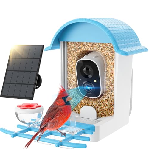 Smart Bird Feeder with Camera, Bird Feeders for Outdoors with Solar Panel, 2K HD Live View, AI Identify, Auto Capture, Instant Notifications, 2.4GHz, IP65 Waterproof, Ideal Gifts for BirdLovers, Blue
