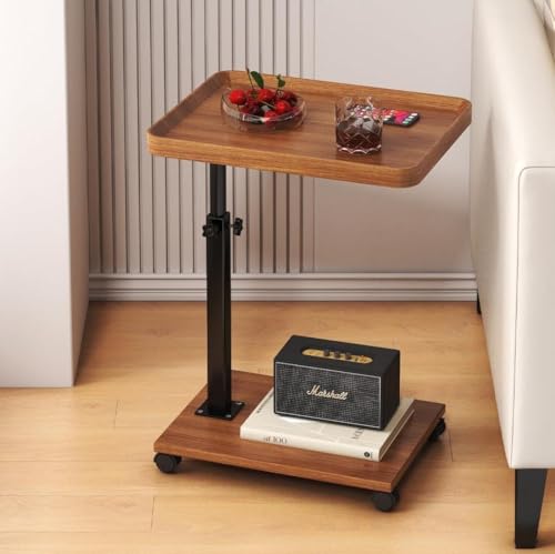Uandhome C Table End Table Adjustable Height,360°Swivel TV Tray Table for Small Spaces with Wheels,Couch Tables That Slide Under for Sofa, Living Room,Bedroom,Bed,Snack (Walnut Brown)