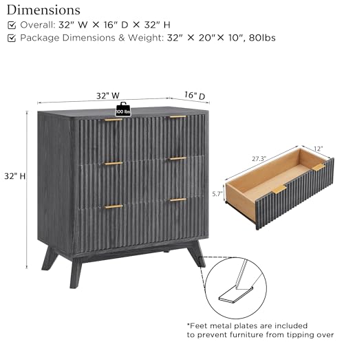 Image of T4TREAM Fluted 3 Drawer Dresser, 32 inch Tall Modern Chest of Drawers, Curved Profile Design, Wood Drawer Organizer for Bedroom, Living Room, Hallway, Entryway, Dark Alder