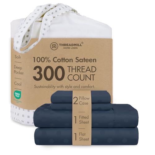 Image of Threadmill 300TC Cotton King Sheet Set, Sateen, Damask, Folkstone Blue | 100% Cotton, Sateen Weave, Damask Pattern, 4-Piece Set, 16 inch Deep Pocket, Breathable, All-Season, Lightweight