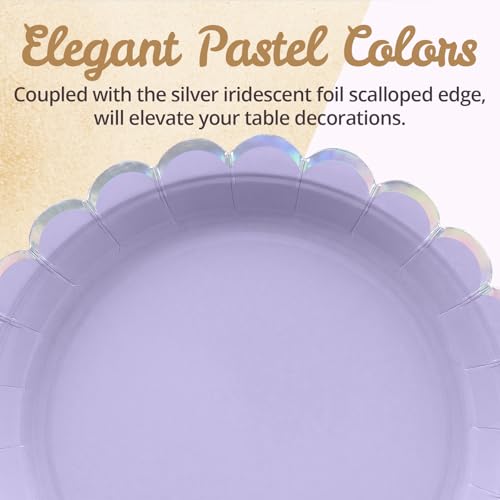 Image of Party Paper Plates, 50-Pack 9-Inch Bulk Disposable Decorative Plates with Iridescent Scalloped Trim, 6 Pastel Colors for Tea Party, Easter, Garden Party, and Bridal Showers, Opalescent Pastel Medley