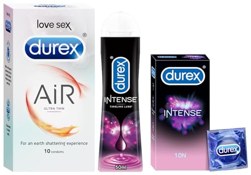 Image of Durex Air Condoms for Men - 10 Count with Durex Lube Tingling Lubricant Gel - 50ml | Water based lube |Suitable for use with toys & Durex Intense Condoms for her - 10 Count