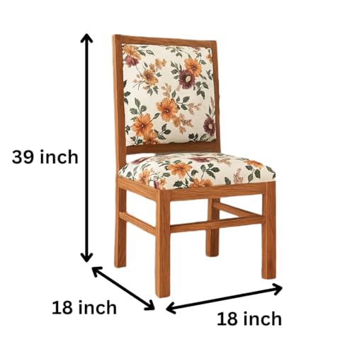 Image of KENDALWOOD Furniture | Solid Sheesham Wood Dining, Study Chair | Multipurpose Chair Set of 2 | Finish:- Honey Finish with Flower Printed Cushions | Pre-Assembled | 1 Year Warranty |