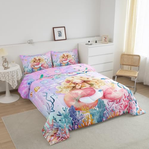 Edredón de sirena para niñas tamaño matrimonial con estampado de escamas de peces de arcoíris 3