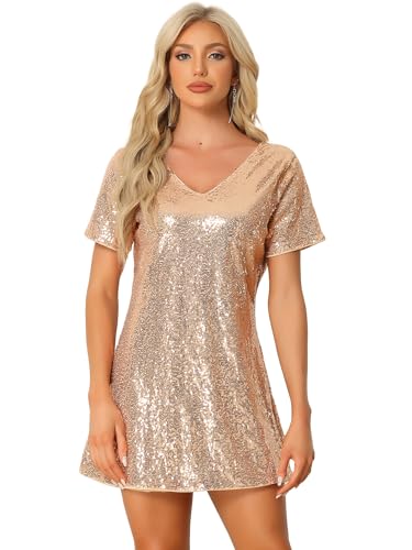 Robe à paillettes pour femme Allegra K à col en V et manches courtes pour soirée