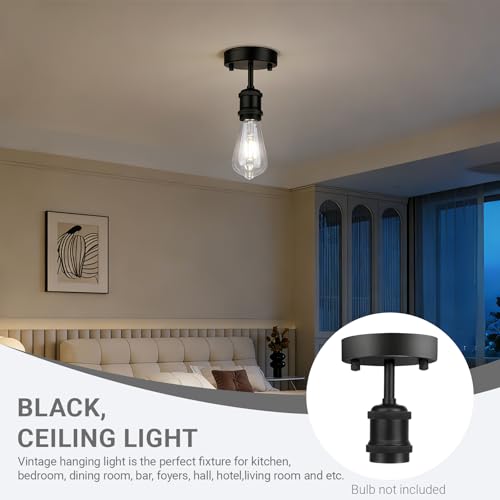 Single Head Semi Flush Mount Ceiling Light, Retro E27 Lamp Ceramic Holder, Industrial Kitchen Ceiling Light Fixture (Black) - Image 5