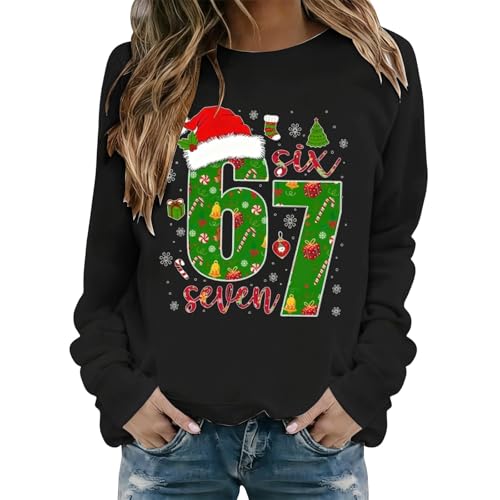 Christmas Sweatshirts for Women UK Funny Xmas 67 Graphic Print Casual Long Sleeve Shirts Tunic Tops Women's Ugly Christmas Sweatshirts Loose Xmas Pullover Tops (Black #2, S)