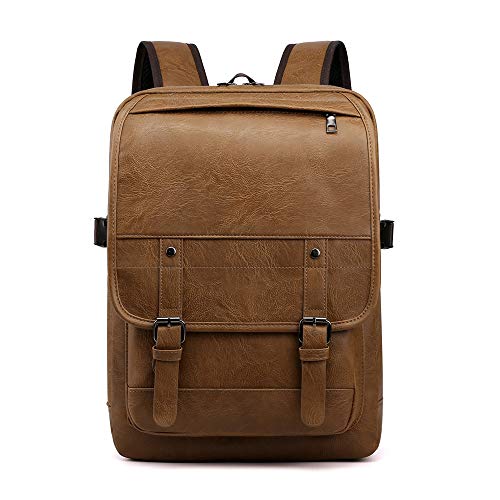 Mochila de gran capacidad de cuero PU café para viaje de ocio masculino