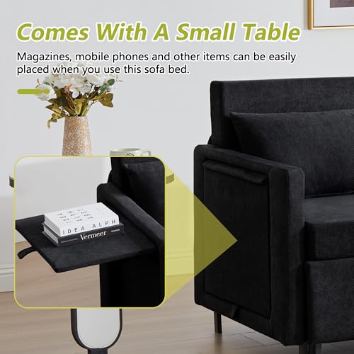 Image of QHITTY Pull Out Couch Bed, 2-in-1 Sleeper Sofa Small Loveseat Bed with Hidden Side Table and Iron Frame for Living Room, Small Space, Apartment (Black)