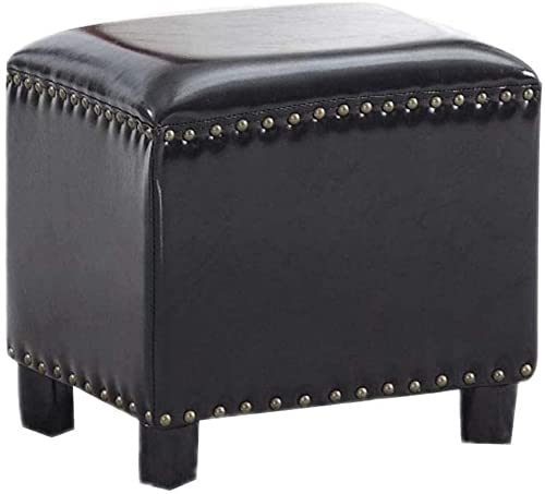 Tabouret repose-pieds carré ottoman en cuir noir avec assise en bois massif
