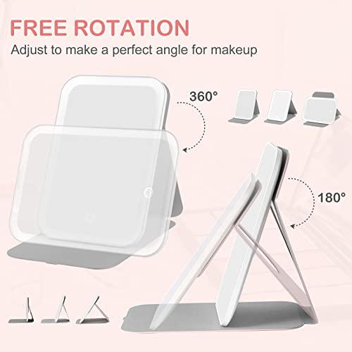 Luminar Bowo Vanity Mirror With Lights, Travel Makeup Mirror 360° Rotation Touch Screen 3 Colors Light Modes 72 Leds Usb Rechargeable, 1200Ma 5.5X8-Inch Desk Compact Mirror Pink #TOP1