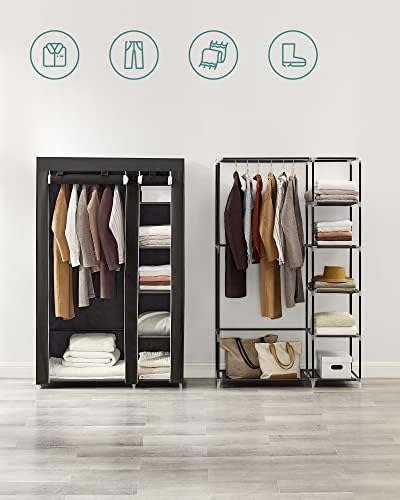 SONGMICS Portable Wardrobe, Foldable Closet, Clothes Storage Organiser with Hanging Rail, Shelves, Fabric Cover, for Bedroom, Cloakroom, 110 x 45 x 175 cm, Black LSF007