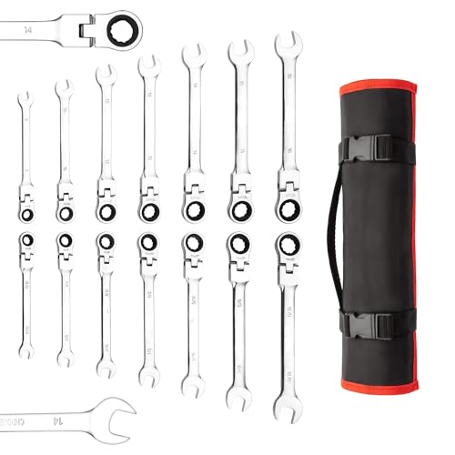 Tioutbot Flexible Ratchet Wrench Set - 14pcs 8-16mm & 5/16"-11/16" Ratcheting Combination Flexi Wrench Kit Metric Flex Head with Storage Bag