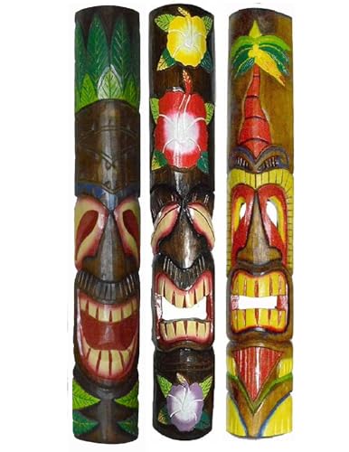 WorldBazzar 40 IN HAND CARVED BEAUTIFUL SET OF 3 POLYNESIAN TIKI GOD TRIBAL MASKS Art