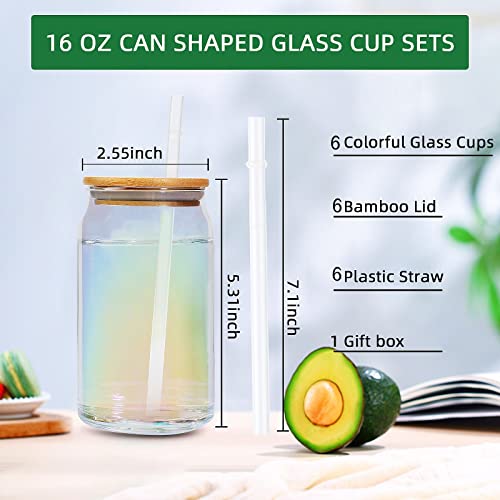 Iced Coffee Cup, Glass Cups With Bamboo Lid And Straw Set Of 6, 16Oz Beer Glasses, Iridescent Tumbler Cup, Glass Cups For Teacher Gift Party Favors, Reusable Drinking Glasses For Juice,Whiskey,Travel #TOP1
