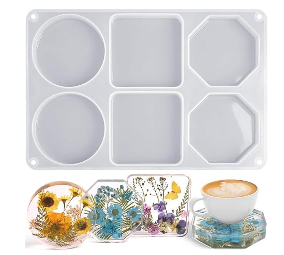 6-Cavity Deep Coaster Silicone Molds for Epoxy Resin - Round, Square, and Hexagonal Coaster Molds for Resin Casting - DIY Coasters Resin Crafts - Home Decoration - 20mm Depth - Pack of 1