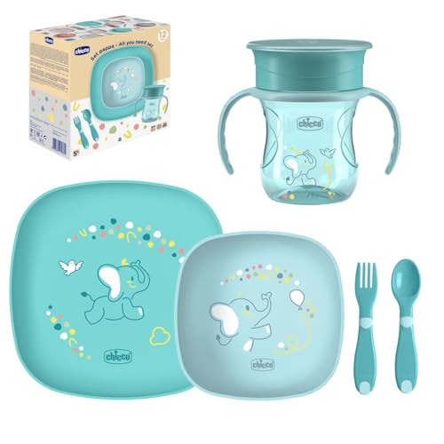 Chicco Set Pappa Svezzamento 12M+ Completo, Kit con Tazza, Ciotola e Piatto Piano Antiscivolo, Forchetta e Cucchiaio Ergonomici, Stoviglie Bambino Colore Blu, Idea Regalo 0% BPA