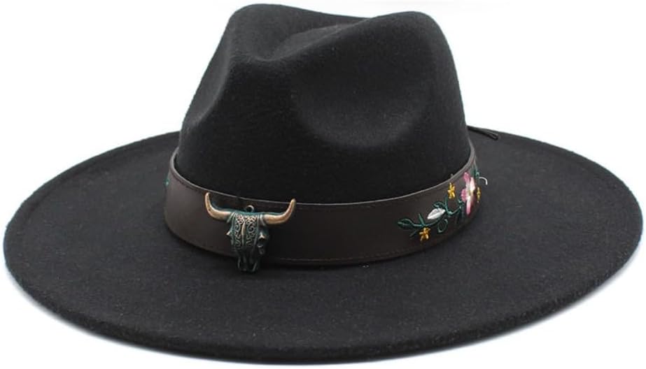 Wide Brim Wool Felt Fedora Hat, White, Western Style with Floral Embroidered Band, Bull Accent