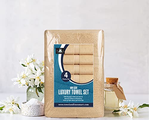 Image of Towel and Linen Mart 4 Pieces Bath Towel Sets - Beige - Soft Feel Luxurious,Quick Dry, Extra Absorbent, 100% Ring Spun Cotton 600 GSM (27 x 54)