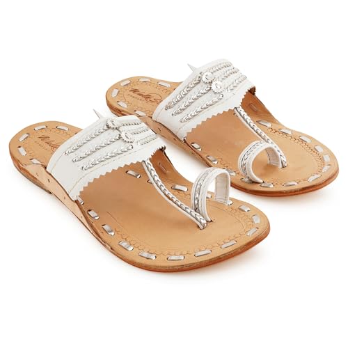 Image of Women's Genuine Leather Handmade Kolhapuri Flats Slip Ons Sandals for All Occasions - White & Silver