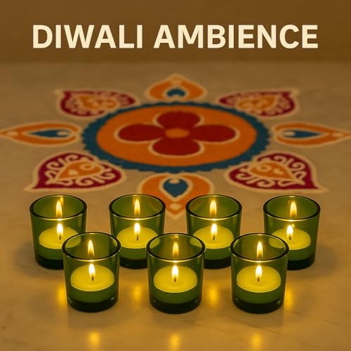 Image of Pure Source India Votive Glass- Pack of 6 | Decorative Tealight Holders with One Tea Light Candles for Home Decor, Diwali Decoration, Weeding Decor & Festive Lighting (Yellow)