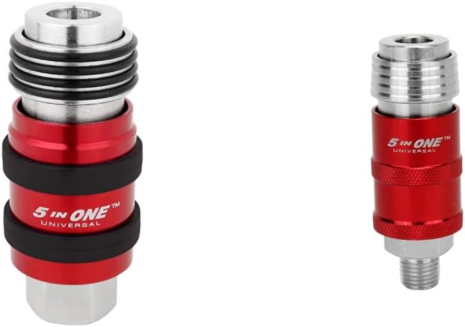 Milton 5 In ONE Universal Quick Connect Industrial Coupler, 1/4" Female NPT, Air Hose Connection, Safety Exhaust Coupler, Single, Red (S-1750) & S-1751 Safety Exhaust Coupler, 1/4" body, 1/4" MNPT