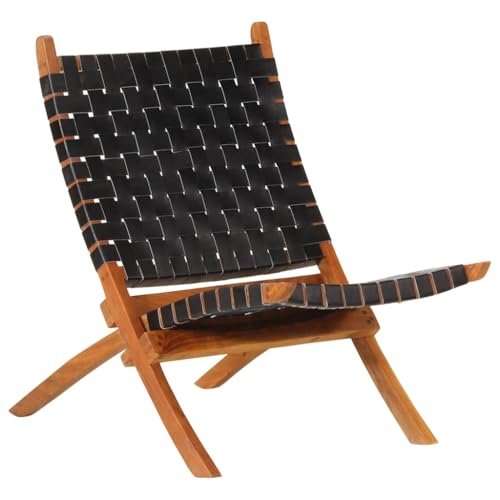 Mangloder - Silla de relax plegable de piel de cabra negra, estructura de madera de acacia maciza, 55 x 67 x 79 cm, 110 kg, silla plegable para salón, balcón, jardín