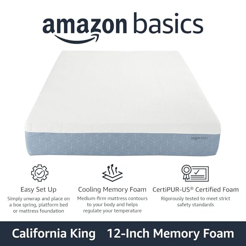 Image of Amazon Basics Gel Memory Foam Mattress, Firm, Cooling, California King Mattress, CertiPUR-US Certified Foam, 84 x 72 x 12 inches, White /Gray