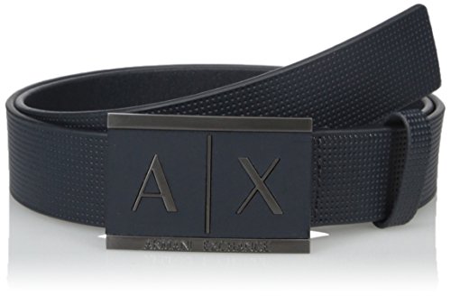 AX Armani Exchange mens Leather With Plaque Belt, Navy/Navy, 30 US