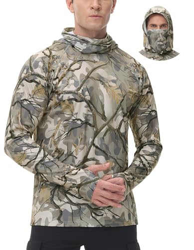 FISHEAL Men's Hunting Shirts with Mask - UPF 50+ Camo Long Sleeve Fishing Hoodie Shirt with Adjustable Drawstring
