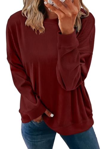 KISSMODA Women's Casual Long Sleeve Sweatshirt Color Block/Solid Crewneck Corduroy Pullover Cute Tops