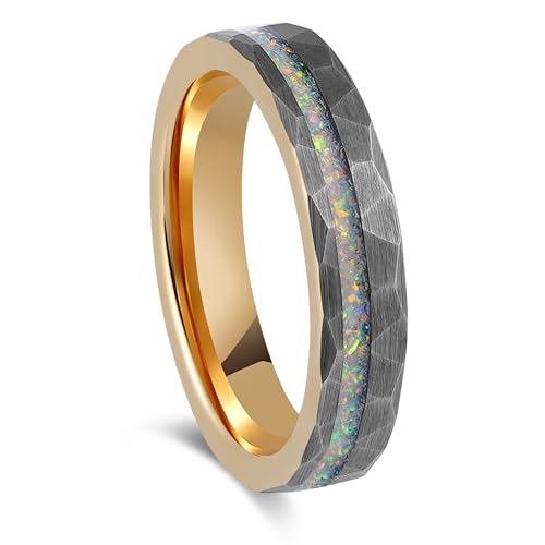 Women's Wedding Ring 4mm Silver Hammered Rose Gold Tungsten White Fire Opal Inlay – Comfort Fit Womens Wedding Band with Antique Wooden Ring Box