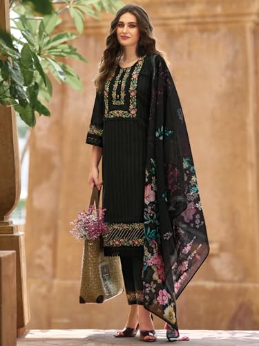 Image of INDO ERA Women's Straight Linen Floral Embroidered Kurta Pant with Dupatta Set (IEOUT9910)