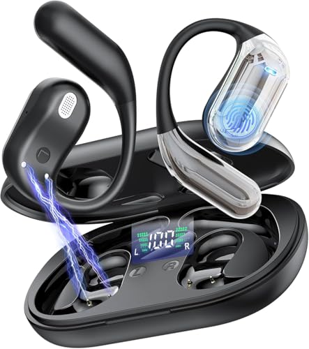 Open Ear Kopfhörer 50 Std Kabellos Bluetooth 6.1 HiFi Kopfhörer mit Flexiblem Ohrhaken 4 ENC Mic 1 std Schnellladung Type-C Kabel Doppel LED Ladebox Smart Touch Over On Ear Ohrhörer für Sport Running