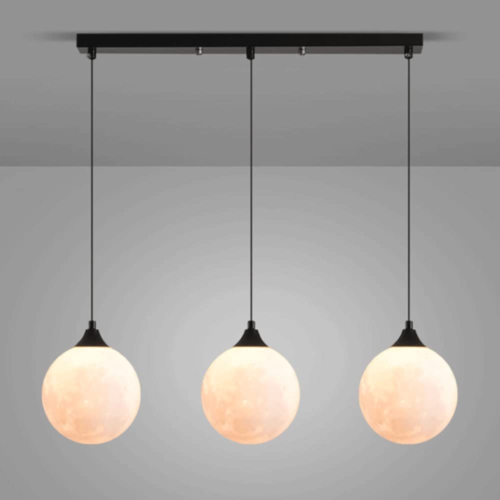 Mjsdjof3-heads Spherical Dining Room Chandelier, Black Long Plate Hanging Lamp, Metal Suspension Lamp with Spherical Acrylic Lampshade, G9 Lighting Fixtures, Simple Moon Pendant Lights