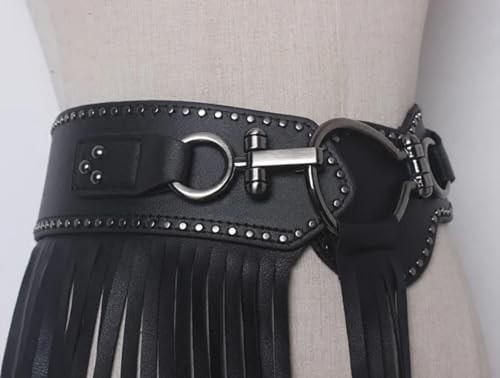 Earthradius Punk Style Leather Tassel Skirt with Fringe Leather Rivet Wide Waistband Belt for Dresses Skirt Trousers2