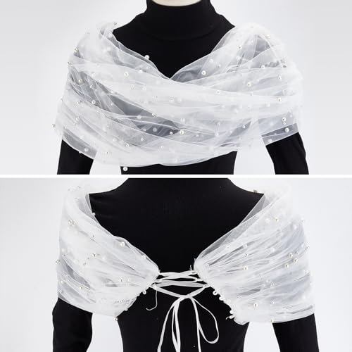 NICENEEDED White Tulle Bridal Shawl, Pearl Bridal Cape Wrap, Wedding Shoulderless Capelets Lace Scarf Women's Bridal Wedding Tulle Stole Fashionable Wedding Accessories for Party2
