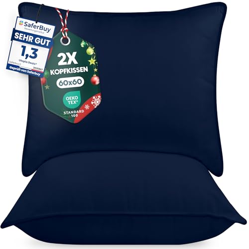 Utopia Bedding KopfKissen (2er Set), 60 x 60 cm Schlafkissen, Atmungsaktiv et Weich Kissen (Marineblau)