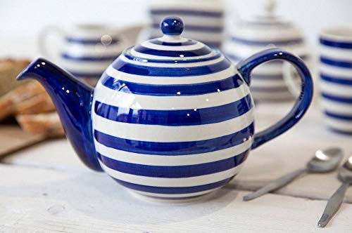 London PotteryOut of The Blue Globe Teapot with Strainer, Stoneware, Navy Blue Stripe Design, 4 Cup (900 ml)