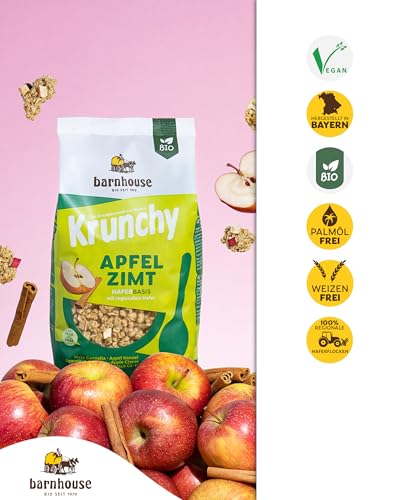 Barnhouse Krunchy Apfel-Zimt, Bio Hafer-Knuspermüsli aus Bayern, mit köstlichen Apfelstückchen und aromatischem Zimt, 3 x 750 g