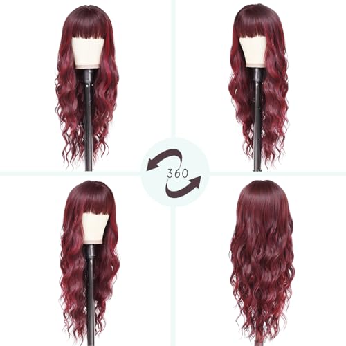Image of NAYOO Wine Red Wigs with Bangs for Women,24 Inch Wavy Synthetic Wig | Natural Looking,Beginner Friendly,Heat Resistant Fiber,Ideal for Daily Wear,Parties & Halloween