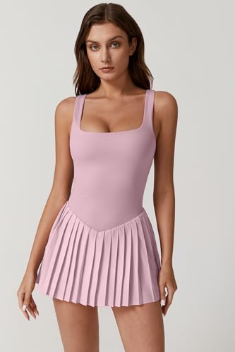 Image of QINSEN Womens Square Neck Tennis Dress Pleated Sleeveless Built in Shorts Golf Athletic Dress with Pockets
